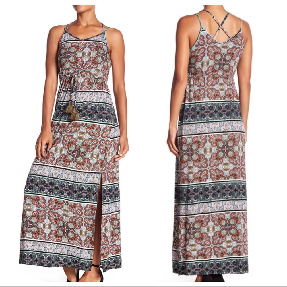 Spense Aztec Boho Strappy Maxi Dress Tassel Dress